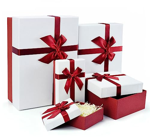 Eerbaier Geschenkbox für Geschenk, 5er Set Geschenkboxen mit Deckel, stabile und elegante Boxen für Geschenke, rote Geschenkboxen mit Band für Geburtstag, Jubiläen, Hochzeiten usw. (Rot/Weiß)