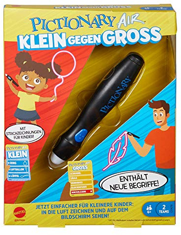 Mattel Games GYH79 - Pictionary Air klein gegen GROSS Zeichenspiel für die ganze Familie, zum Verbinden mit Smartphone oder Tablet, für Spieler ab 8 Jahren