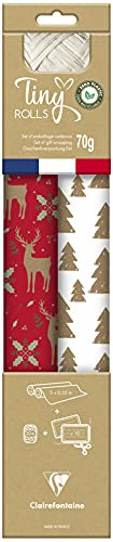 Clairefontaine 223887C-Kit D'emballage Cadeau Zéro Plastique - 2 Rouleaux Papier Cadeau Kraft Recyclé 5mx35cm - Bobine Ruban 20m + 10 Étiquettes Cadeaux A Découper - Rouge/Blanc -Emballage Responsable