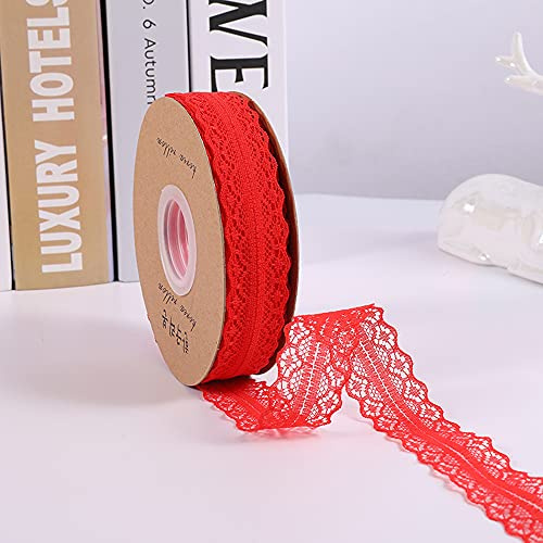 Duories 45M 3cm Breit Spitzenband Spitzenbordüre Geschenkband Spitze Borten Band Dekoband Zierband Spitzenborte Spitzenstoff Zum Nähen für DIY Basteln Hochzeit Tischdeko Scrapbooking Geschenkbox,Rot