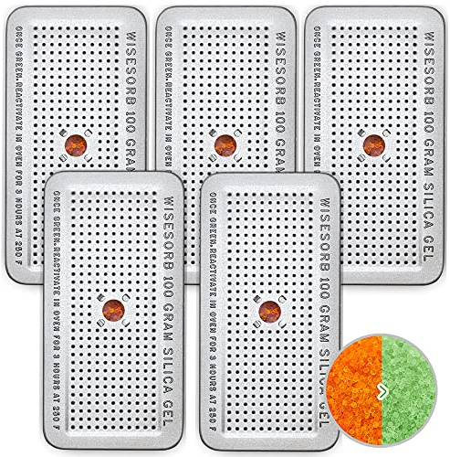 Wisesorb Contenitore in gel di silice con indicazione da 100 grammi, contenitore disseccante in gel di silice (arancione a verde), deumidificatore disseccante riutilizzabile, confezione da 5