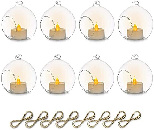 Sziqiqi Hanging Glass Tealight Candle Holder with LED Candles - 3.15inch Tea Light Globe Terrarium Holders Ornament for Wedding Christmas Birthday Halloween Party Centerpieces Decor 8pcs