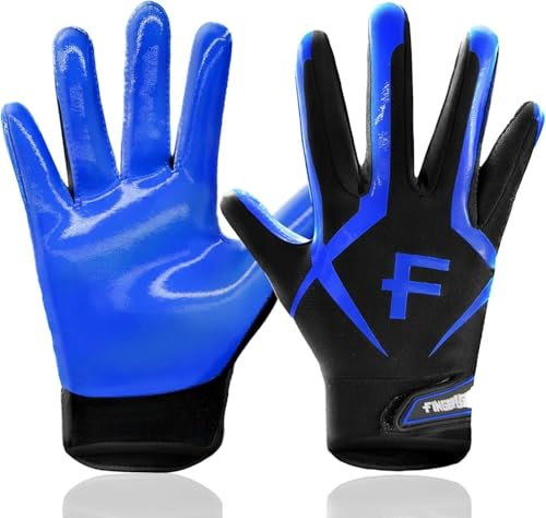 FINGER TEN American Football Receiver Handschuhe für Youth Jungen Mädchen, Torwarthandschuhe rutschfest Impact Palm Protection Outdoor Sport, Wasserdicht Gloves Fit Kinder Alter 5-14 (Blau, S)