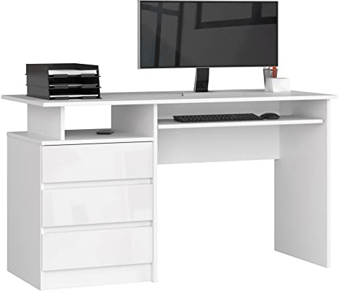 AKORD PC-Schreibtisch CLP 135 mit Tastaturablage | Office Desk | Computertisch | Bürotisch | 3 Schubladen, 1 Ablagefach, B135 x H77 x T60 cm, 45 kg | Weiß & Weiß Glänzend Front