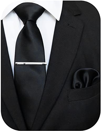 JEMYGINS Set Cravate Homme en Satin 8 cm avec Pochette et Pince a Cravate pour Mariage Business et Soiree Noir 2