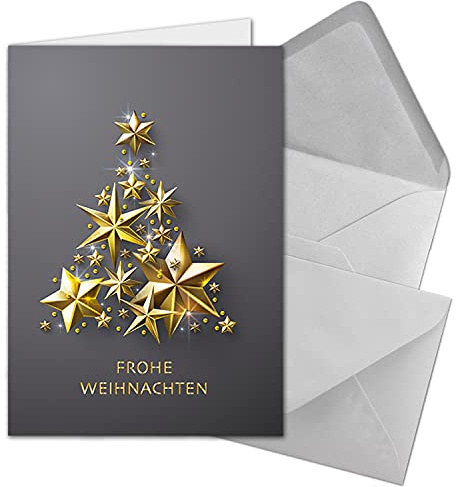 NEUSER PAPIER 25 XL Weihnachtskarten-Set DIN A5 mit goldenem Weihnachtsbaum aus Sternen - Faltkarten mit passenden Umschlägen DIN C5 Hellgrau mit Nassklebung - Weihnachtsgrüße für Firmen und Privat