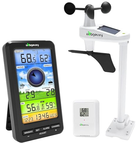 Urageuxy Wireless WiFi Weather Station Anemometer with Solar Wind Speed/Direction, and Indoor Outdoor Thermometer and Hygrometer