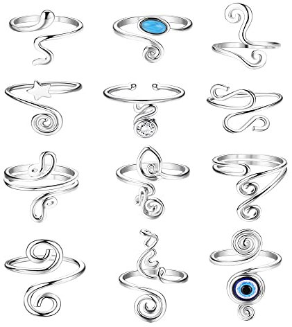 JeryWe 12 Stück Offenen Zehenringe für Frauen Mädchen Verstellbare Gelenk Finger Ringe CZ evil eye Stern Knuckle Ring Set Hypoallergen Strand Fußschmuck Geschenke Silber
