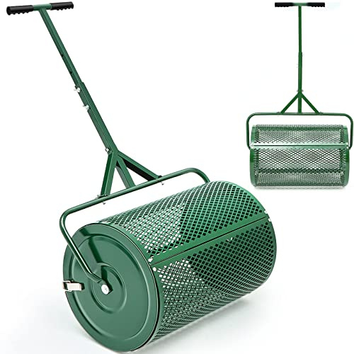 Hiboom 24 Inch Compost Spreader, Peat Moss Spreader, Manure Roller with Adjustable T Shaped Handle, ​Lightweight Metal Mesh for Lawn Garden Spreading Manure Topsoil (Green)