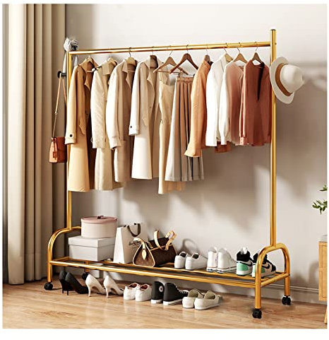 Hallenbaum mit Haken Einstangen Kleiderschienen Tragbarer mobiler Kleiderwagen zum Aufhängen Robuster Kleiderständer aus Metall Mit unterem Ablagefach für Ladenanzeige ( Color : Gold , Size : 120cm )