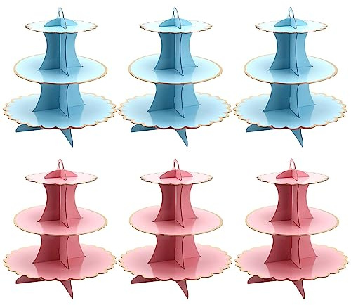 HEIHAK Paquete de 6 soportes de cartón de 3 niveles para cupcakes, torre de postre redonda rosa y azul para té de la tarde, cumpleaños y boda
