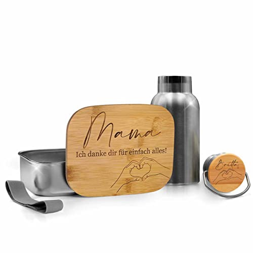 CHRISCK design Brotdose Trinkflasche Set Mama - personalisiertes Muttertagsgeschenk für die Beste Mutter - Edelstahl Brotdosen Set