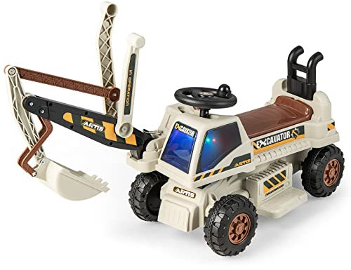 COSTWAY 6V Kinder Sitzbagger mit drehbarer & Verstellbarer Schaufel, Elektro Kinderbagger mit LED Lichtern & Musik & Hupe & Stauraum unter dem Sitz, Aufsitzbagger für Kinder ab 3 Jahren (Hellgrau)