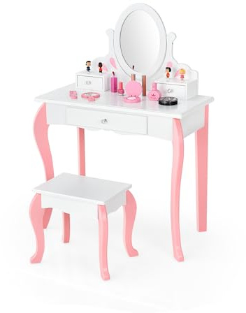 LIFEZEAL Schminktisch für Kinder, Frisiertisch mit Hocker aus Holz, Kinderschminktisch Set mit 360° drehbarem Spiegel & Schubladen, Kosmetiktisch für Kinder Mädchen (Weiß)