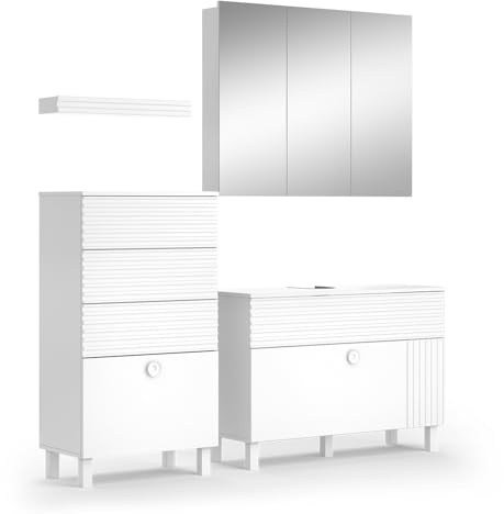 Vicco Badmöbel-Set Sola, Weiß, 100 cm, besteht aus Waschbeckenunterschrank, Spiegelschrank, Midischrank und Hängeschrank