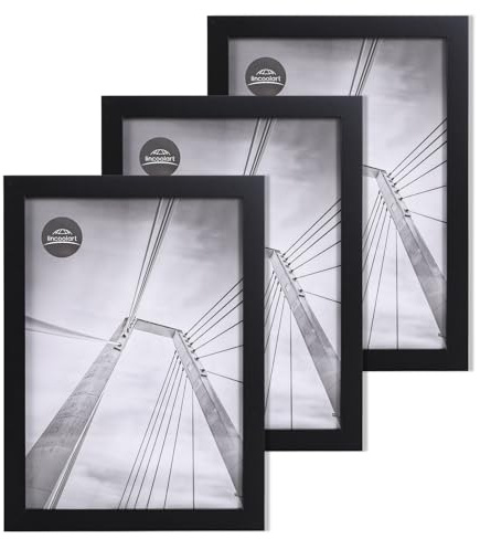 lincoolart bilderrahmen A4 schwarz Holz Fotorahmen,MDF DIN A4 Rahmen mit leinebruchsicheres Acrylglas, 3er Set