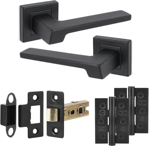 Decoranddecor Matt Black Door Handles Internal with Latch and Hinges Square | Door Handle and Hinge Set Pack, Internal Door Handles, Interior Door Handles, Handle Set, Door Handles Black, Lever on Rose