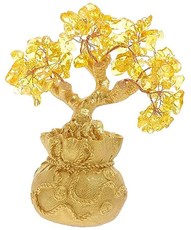 Alipis Kristall Geldbaum Bonsai aus Natürlichem Kristall 19cm Feng Shui Ornament für Reichtum und Glück Gelber Geldbeutel Feng Shui Deko für Büro und Zuhause