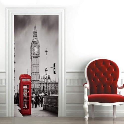 Türtapete Selbstklebend Rote Telefonzelle In Der Londoner Straße 95 X 210 Cm Türtapete Selbstklebend Türposter,Fototapete Selbstklebend 3D Pvc Türaufkleber Diy Türbild,Türfolie Poster Tapete - Türku