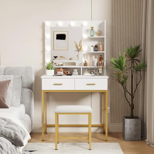 Lifewit Tavolino da Toilette con Specchio e Luce, Colore/Luminosità Regolabile, Tavolino da Toilette Bianco con 2 Cassetti e Sgabello, Adatto a Camera da Letto, Bagno e Spogliatoio