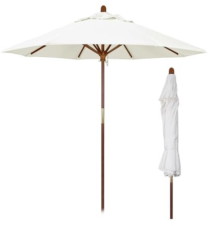 Sonnenschirm Beiger Terrassenschirm 270 cm, Gartenschirm mit Holzmast, 8 Streben und Flaschenzug, Sonnenschutz 210 cm für Pool, Garten(270cm/9ft)