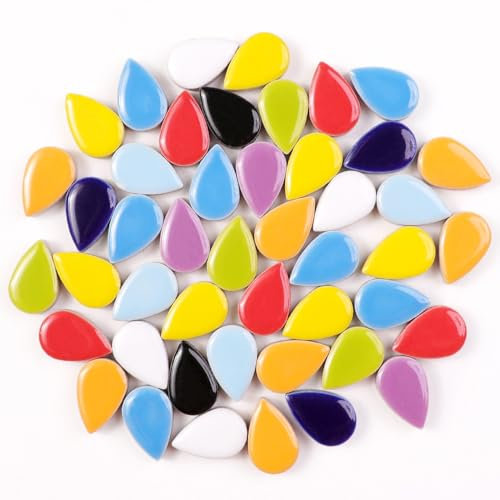 200 g Keramik-Tropfen-Mosaikfliesen, Grün, Gelb, Blau, Rot, Lila, Weiß, Schwarz, kleine Regentropfen-Blütenblätter, Mosaikstücke, Keramikstücke für Heimwerker, Hobbys, Mosaik, Handwerk, Kunstwerke und