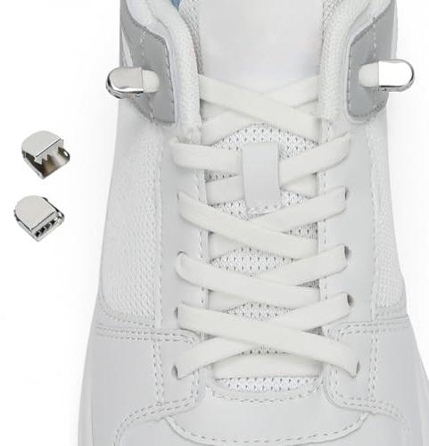 Euqvunn 8mm Elastiska Platta Skosnören Med Metallstängning, 5 Skosnören (2.5 Par) Elastiska Snören Sport Ingen Knytning Skosnören, För Sneakers, Löparskor, Sportskor(Wit)