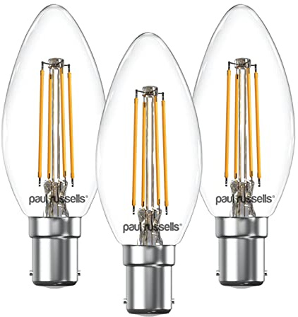 paul russells LED Candle Filament Light – 4.5W 40W Equivalent Replacement, 470LM Lumens, 2700K Warm White, SBC B15 Small Bayonet Cap C35 Bulbs – Bright Energy Saving Non-Dimmable Lamps - 3 Pack
