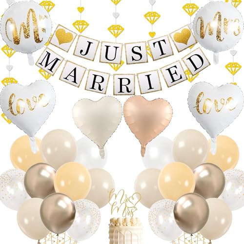 41 Stück Just Married Deko Set, Hochzeitsdeko Girlande Mr & Mrs Luftballons | Luftballons Herz Folienballon und Tortendeko für Hochzeits Standesamt Hochzeitsfeier