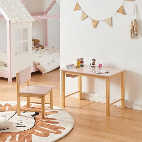 [en.casa] Set Mobili per Cameretta Tavolo e Sedia per Bambini Scrivania con Contenitore Integrato Arredo a Misura di Bimbi per Gioco Disegno Studio - Legno Naturale/Rosa