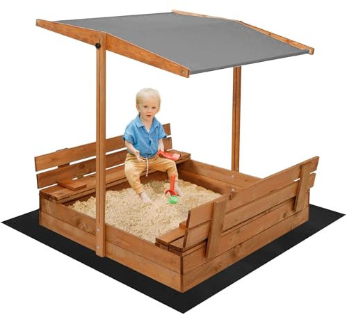 Sandkasten Holz 120x120 cm mit klappbaren Sitzbänken & Rückenlehnen – Outdoor Kindersandkiste mit Abdeckplane & Bodenvlies – Wetterfest & sicher – SPRINGOS