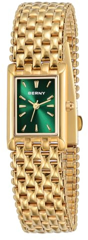 BERNY Gold Uhr für Frauen Rechteckige Armbanduhr wasserfest Luxus Armbanduhr Analog Quarz Uhr Vollständig aus Edelstahl Sonnenstrahlen-Zifferblatt Geburtstagsgeschenk