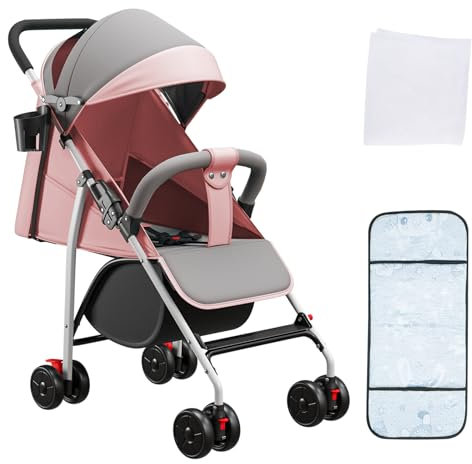 Kinderbuggy, Kinderwagen mit Sonnenschirm, Kinderwagen Zusammenklappbar, Buggy mit Liegefunktion, Kann Sitzen oder Liegen (Rosa-B)