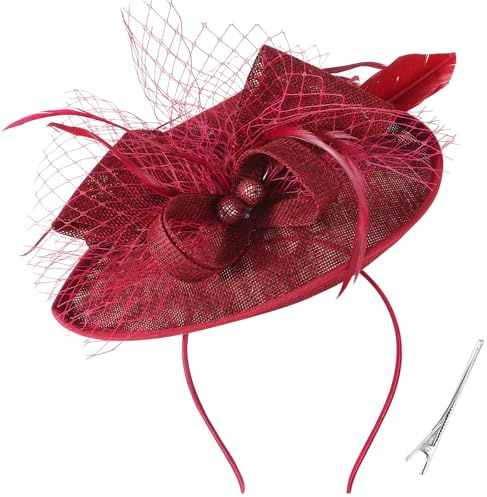 DRESHOW Blomma med Enkel pil Fjäder Fascinatorer Hattpannband och en Gaffelklämma Brudhuvudbonad Derby Fascinator Pillbox Hat Huvudbonad för Flickor och Kvinnor