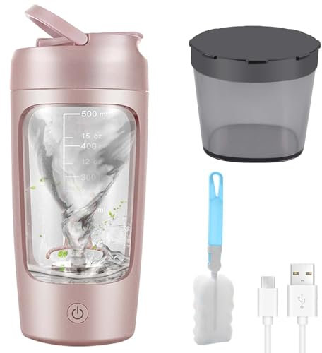 GOMETY Elektrischer Shaker, Automatischer Protein Mixer mit Pulverfach, BPA-frei, USB Wiederaufladbar für cremige Eiweiß Shakes (Rosa)
