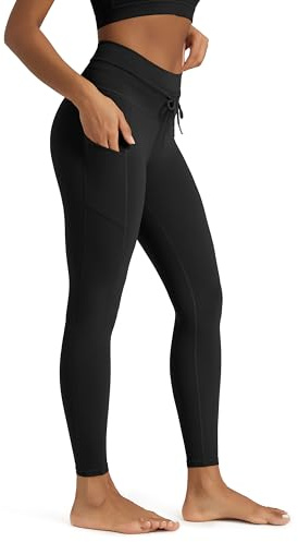 ODODOS Women's Drawstring Tie Pocket Leggings 25 Inseam 7/8 Length High Waist Workout Yoga Pants, Black, Large