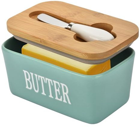 Large Butter Dish with Lid for Countertop,Ceramic Butter Container with Knife Airtight Cover,Butter Keeper for Kitchen Counter or Fridge,Butter Holder Storage,Farmhouse Decor (Green, Large)