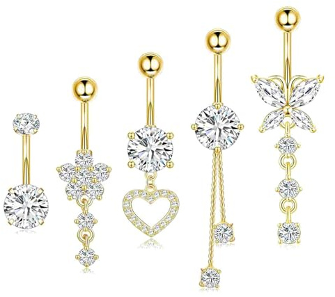 TANGZHIFEIYUE Gold Belly Bar, 5 Pcs Stainless Steel Dangly Belly Button Piercing Navel Flower Bow Heart Tassel Bars Rings Hypoallergenic Navel Piercing Jewelry for Women Girls