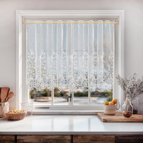 HiSnug Curtain Weiß Scheibengardine für Schönen Fall Jacquard Gardine Hohl Stickerei Vorhang Voile Kurzstore Küche Tür Korridor Gardine H75 x B150 cm - 1 Stück