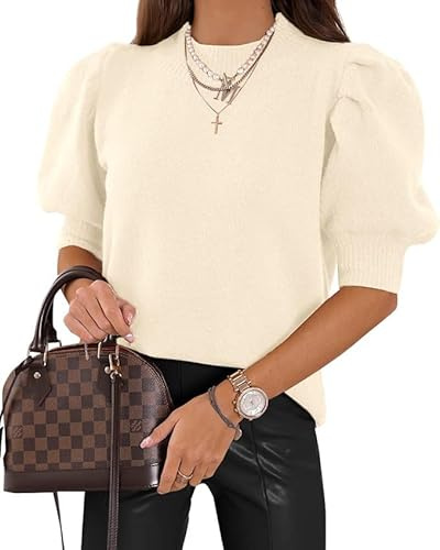 Saodimallsu - Maglione da donna a maniche corte, girocollo, maglietta estiva leggera in maglia, manica a palloncino, elegante, blusa elastica, top monocromatico, felpa basica, crema, XXL