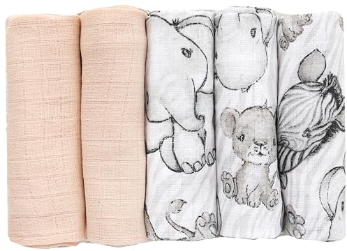 FENSILO Spucktücher Mullwindeln 5er Pack 70x80cm Mulltücher Baby Stoffwindeln für Jungen und Mädchen beige-Elephant
