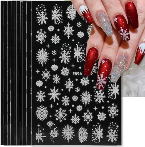 AstraGlam Große Schneeflocken Nagelsticker Weihnachten, 3D Selbstklebende Weihnachts Nail Art Aufkleber mit Schneemann, Weihnachtsmann, Elch Design für Winter DIY Maniküre, Nageldekorationen 10