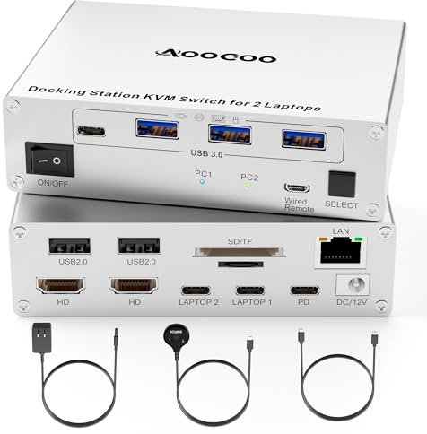 4K USB C KVM Switch Dock 2 Monitors 2 Laptops, Dual HDMI Monitor KVM Switch for 2 Laptops, 100W PD and 1G Ethernet for 2 Laptops with Wired Remote Control and USB C Cable Included