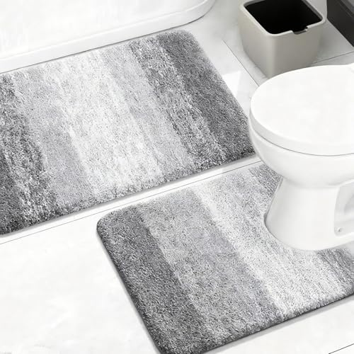 Uoxmiy 2 Piece Non-Slip Bath Mat Set Soft Plush Shower Mat & Toilet Pedestal CarpetExtra Soft Absorbent Microfiber Non-Slip Washable Rugs for Shower Floor Bathmat Bathroom