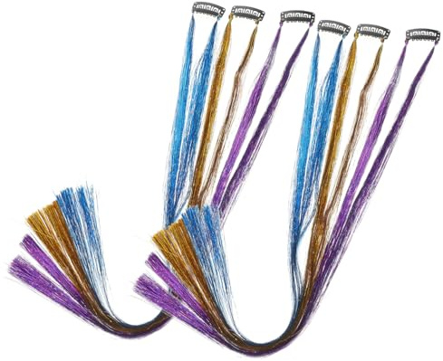 EPIGEIST 6pcs Colorful Silk Hair Tinsel Strands Glitter Hair Extensions for Braiding Sparkly Accessories