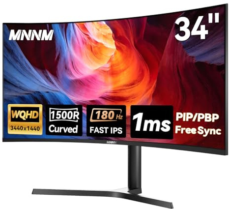 34 Inch Ultrawide Gaming Monitor - 21:9 WQHD 3440 x 1440 R1500 Curved Computer Monitor for Gamer, 180Hz,1ms, AMD FreeSync, PIP/PBP, Crosshair, TÜV Eye Care, HDMI 2.0 & DP1.4, Tilt/Height/Swivel Stand