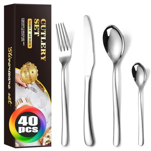 MURRI&MURRDI Stainless Steel Cutlery Set for 10 People, 40 Pieces Silverware Set. Mirror Polished Flatware Set with Spoon Knife Fork Teaspoon, Dishwasher Safe
