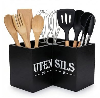 WANCHIY Kitchen Utensil Holder, 3 Compartment Wooden Organiser, Black | 3 Compartments, Weighted Wood Base, Rustic Farmhouse Decor, Large Spatula Storage, Countertop Organizer