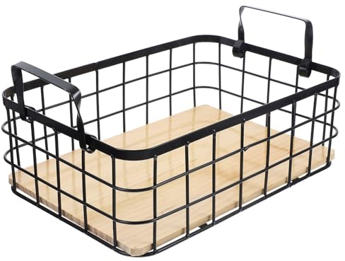 TOPBATHY Cesta de Metal Doble Asa para Almacenamiento de Frutas, Organizador de Cocina Malla de Alambre y Fondo Madera, Tamaño Compacto para Uso en Casa