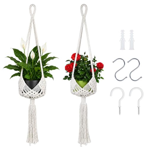 ZKAILCF Makramee Blumenampel 2er Set Boho Deko | Handgefertigt 84cm Pflanzenhänger inkl. Montage-Set (Haken & Dübel) | Baumwolle Hängeampel für Balkon & Zimmerpflanzen - Creme